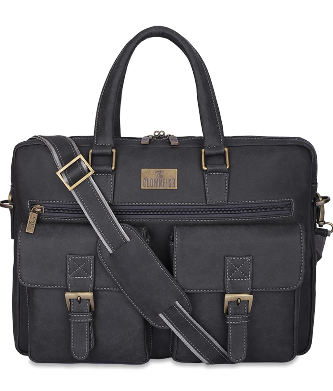 Black leather laptop bag with front pockets