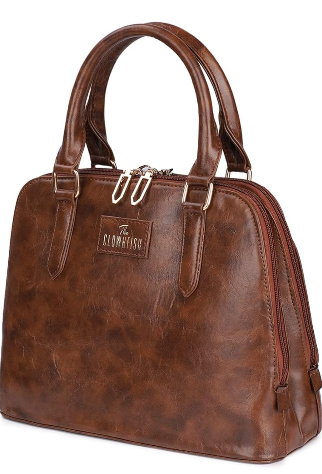 Brown leather handbag with double zippers