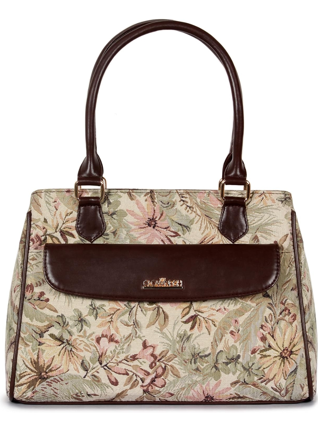 Floral fabric handbag with tan leather trim
