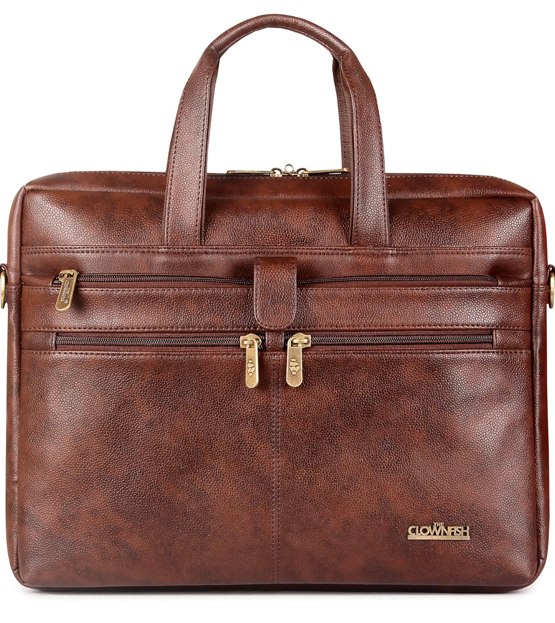 Brown vegan leather laptop bag with front pocket